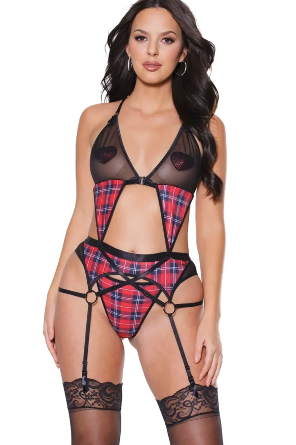 Need You So Plaid Bralette, Garter Belt & Thong Set