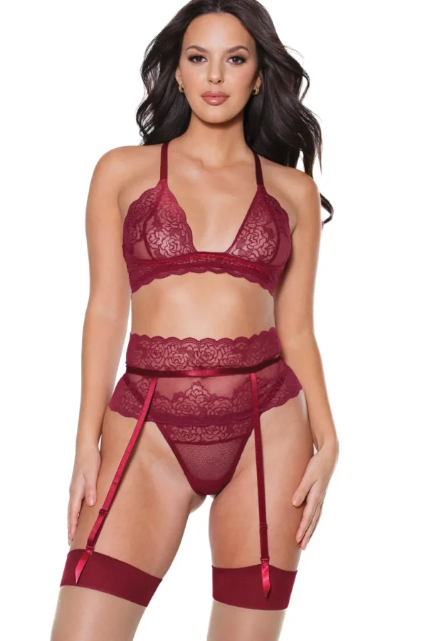 Pinot Noir Bra, Garter Belt & Thong Set