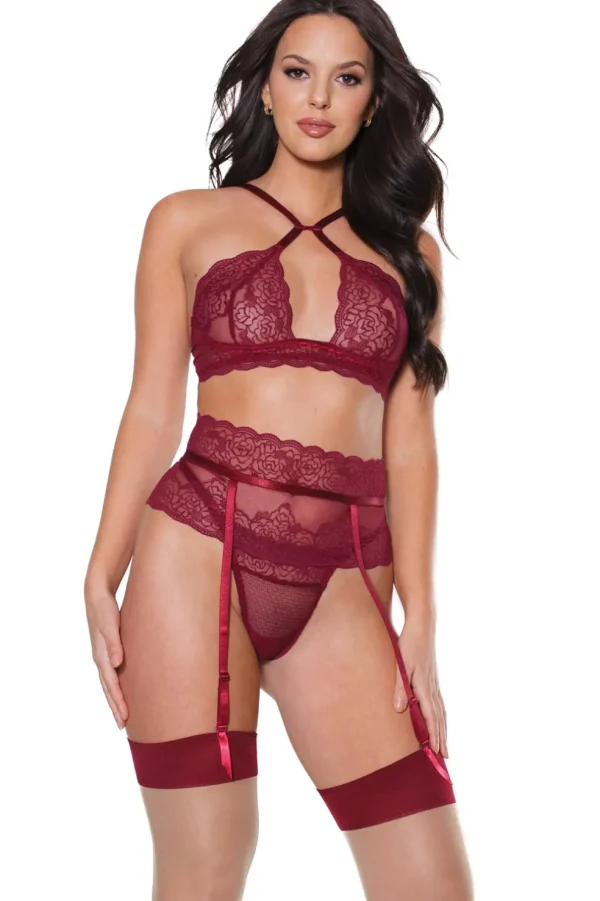 Pinot Noir Bra, Garter Belt & Thong Set